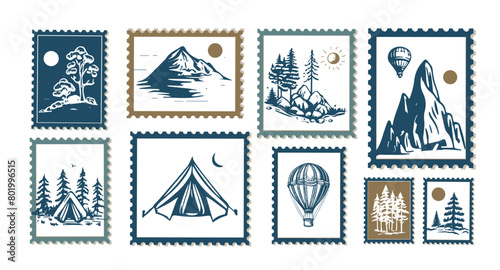 Camping set, stamp, Mountain landscape, hand drawn style, vector illustration.