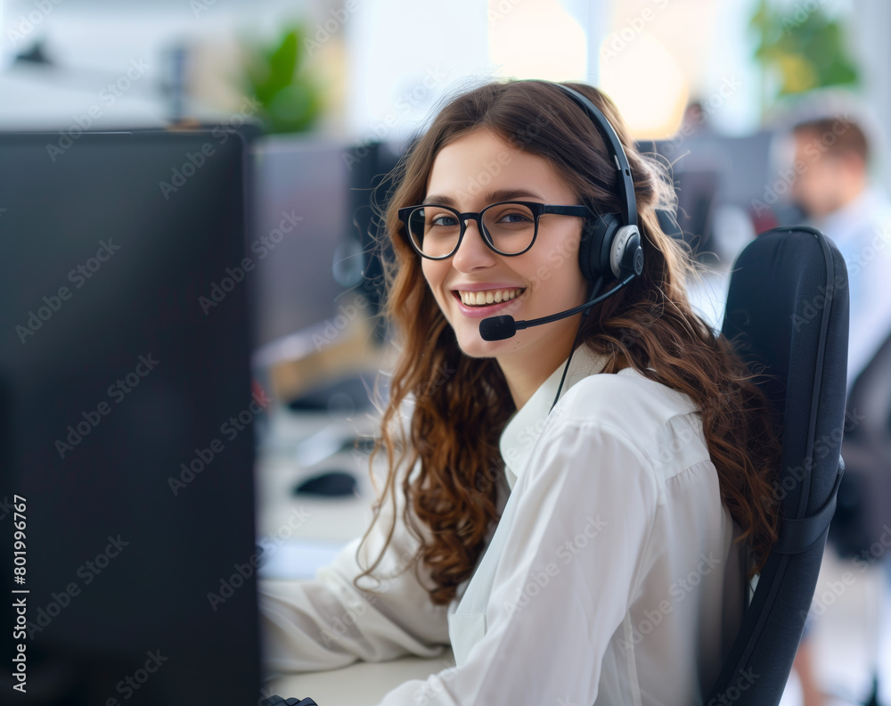 Smiling Call Center Agent at Work. Cheerful female call center agent with headset working at her computer in a busy office environment. Smiling Call Center Agent at Work. Cheerful female call center agent with headset working at her computer in a busy office environment.