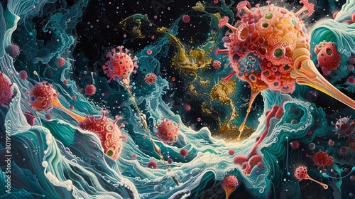 Vivid illustration of enzymes attacking leukemia cells in a bloodstream environment