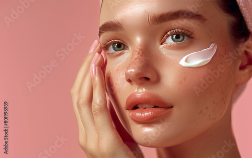 A woman with blue eyes and a white face cream on her face. She is smiling and looking at the camera