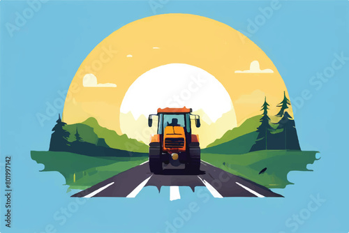 Farm Tractor on road. Farm tractor vector illustration. Tractor illustration design, tractor design.