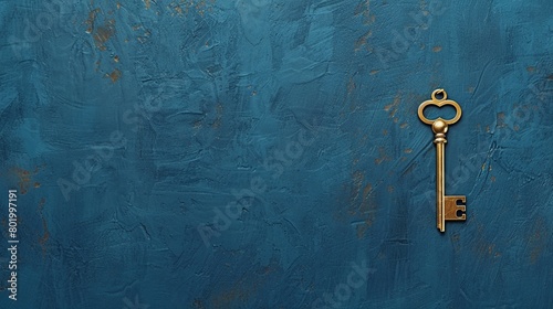 An old-fashioned golden key on a deep blue textured background with subtle gold flecks, suggesting mystery and discovery. © Satawat