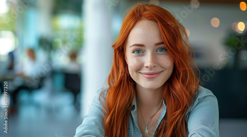 Relaxed redhead woman in a blue shirt at a modern cafe