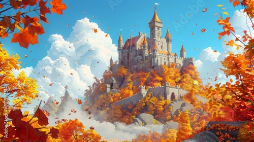 Fantasy kingdom scene with an old palace above clouds in the sky. Beautiful royal queen chateau building with golden autumn leaves. photo