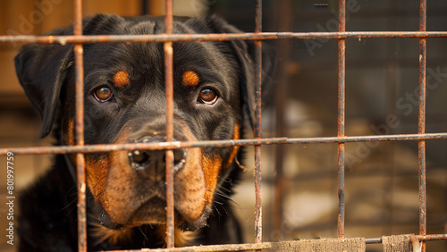 Abandoned Sad Rottweiler in the cage