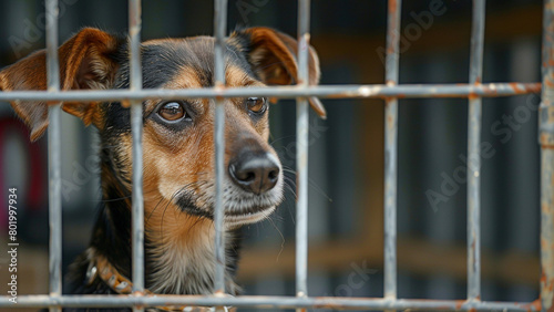 Abandoned sad stray dog in the cage