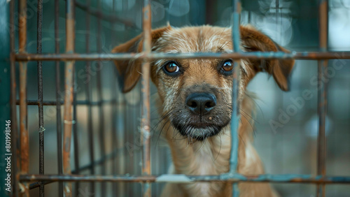 Abandoned sad stray dog in the cage