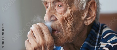 Close-up of a patient using a respiratory inhaler, asthma management and care