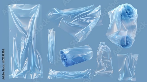 A realistic modern illustration set of a cellophane or polythene seal wrapper mockup - every fold and wrinkle is realistic as well as a torn square vinyl wrap with overlay effect. photo