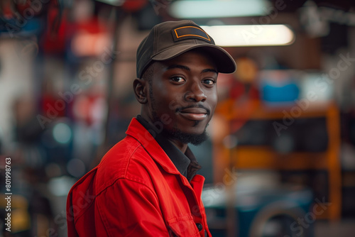 Auto mechanic in red jacket and hat in garage