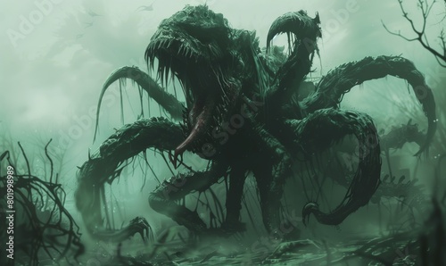 Malevolent swamp monster emerging from fog, tendrils outstretched in a threatening pose photo