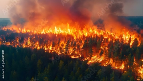 The Impact of Global Warming and Climate Change: Aerial View of Forest Fire. Concept Climate Change, Global Warming, Aerial Photography, Forest Fire, Environmental Crisis