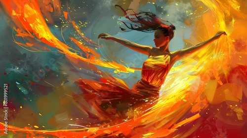 the girl in a dress floating on vibrant color sky in bright red and yellow photo