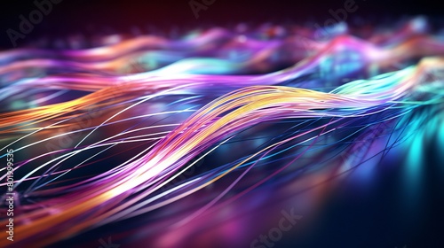 Electrical cables, neon waves, abstract 3D AI design, background pattern, glowing colored streams, and colorful optic fibers 