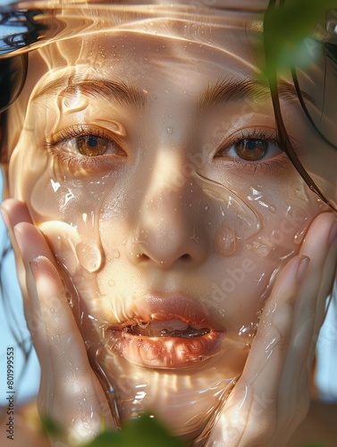Chinese beauty, The liquid forms the shape of two hands surrounding the face, summer sun, glowing skin, fresh. Generative AI.