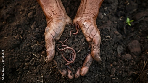 A pair of human hands gently cradling a cluster of active earthworms amidst rich, dark fertile soil, symbolizing sustainable agriculture and soil health photo