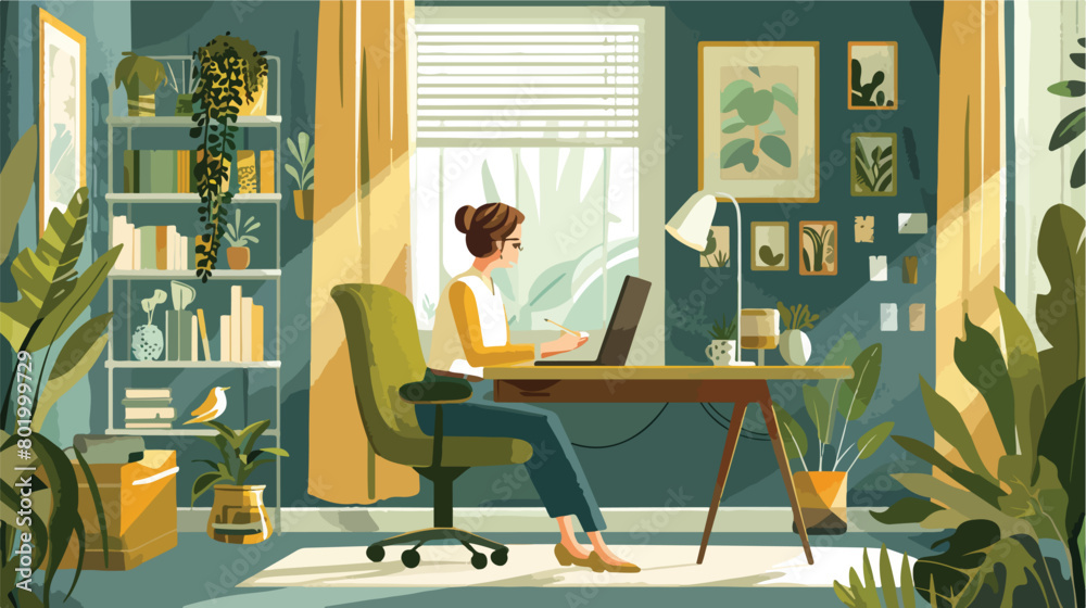 Female interior designer working in office Vector illustration