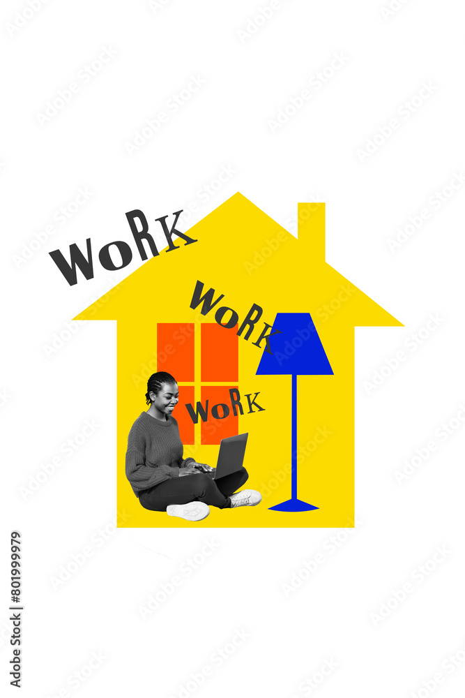 Vertical photo collage of smile happy american girl type macbook device remote work home distance freelance isolated on painted background Vertical photo collage of smile happy american girl type macbook device remote work home distance freelance isolated on painted background