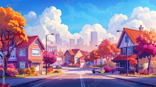 A suburban landscape with a country house on a street, yard and trees, a road and driveway against the silhouettes of city high rise buildings. Cartoon modern town landscape with a neighborhood