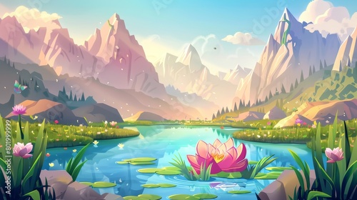 Cartoon modern scenery with blue pond with green grass and bushes on shore, water lily, high peaks of hills, green grass, and cloudy sky on sunny summer day. photo