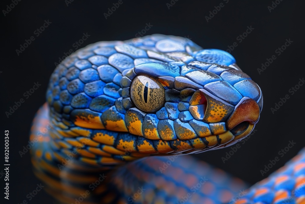 Artistic image of a snake with a mesmerizing paint-like pattern of blue, orange, and yellow scales Artistic image of a snake with a mesmerizing paint-like pattern of blue, orange, and yellow scales