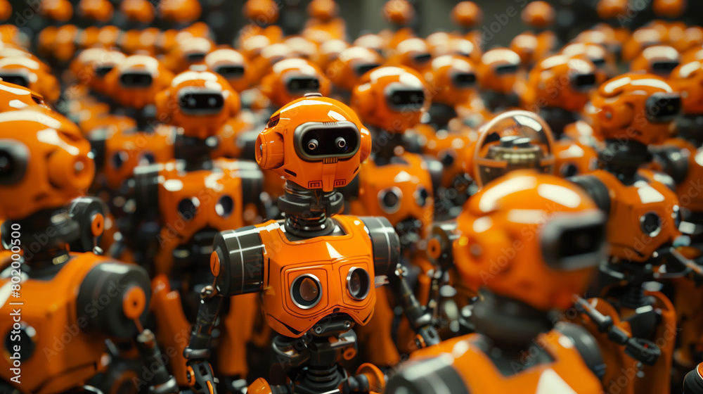 Many orange robots in the factory produce parts and products. concept people, robots, androids, work, job loss Many orange robots in the factory produce parts and products. concept people, robots, androids, work, job loss