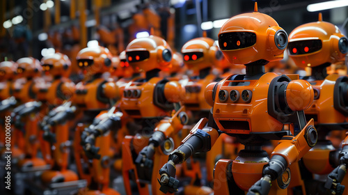 Many orange robots in the factory produce parts and products. concept people, robots, androids, work, job loss