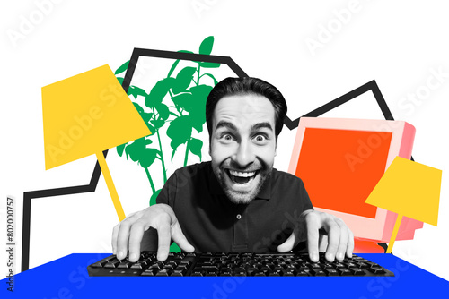 Composite photo collage of happy mad businessman type computer keyboard monitor remote work plant home isolated on painted background photo
