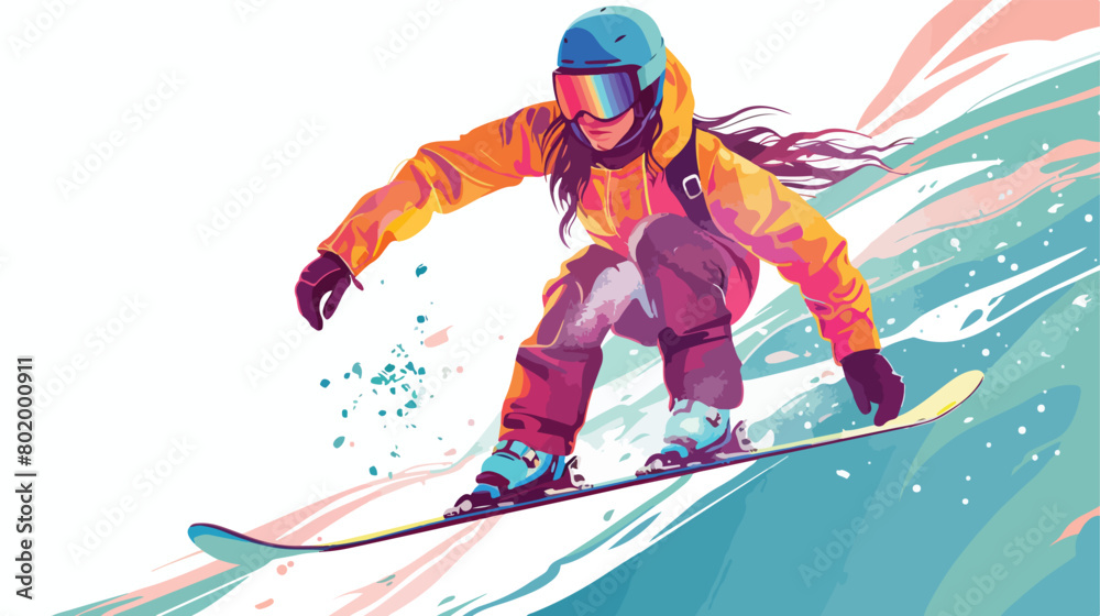 Female snowboarder on white background Vector illustration