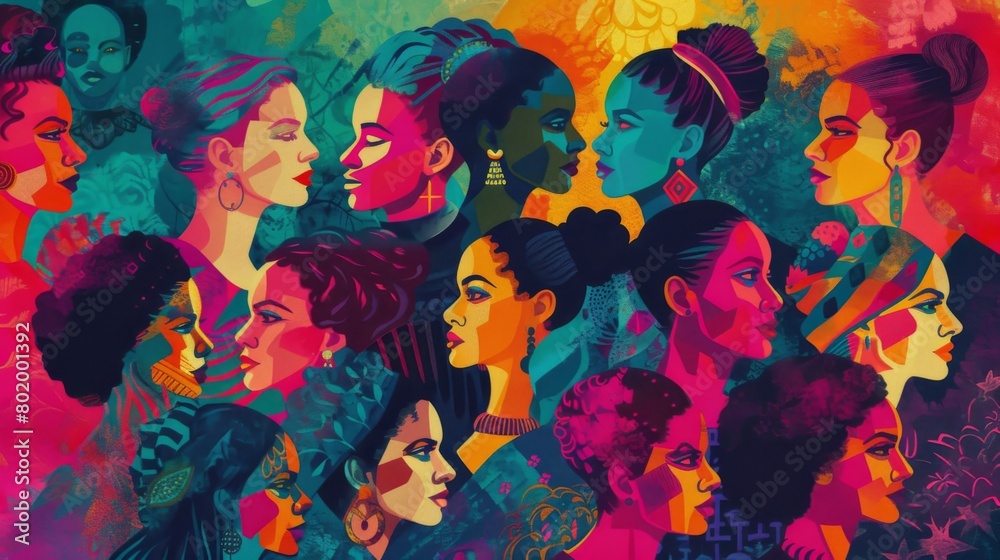 A vibrant illustration showcasing a diverse group of women from various cultural and ethnic backgrounds standing together in solidarity, symbolizing female empowerment and unity across differences