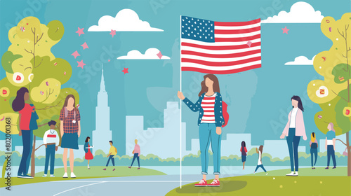 Female student with USA flag outdoors Vector illustration