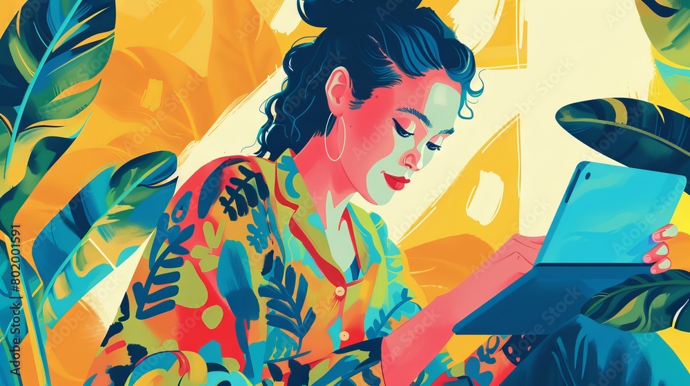 Illustration of a Woman Using a Digital Tablet for Work in a Modern Office Setting Illustration of a Woman Using a Digital Tablet for Work in a Modern Office Setting