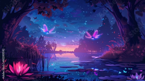 At night, two neon glowing fairy pixies float over a lake in a forest with lotuses. Cartoon modern dusk landscape with water lilies on ponds, trees and shrubs on shorelines, as well as fireflies and © Mark