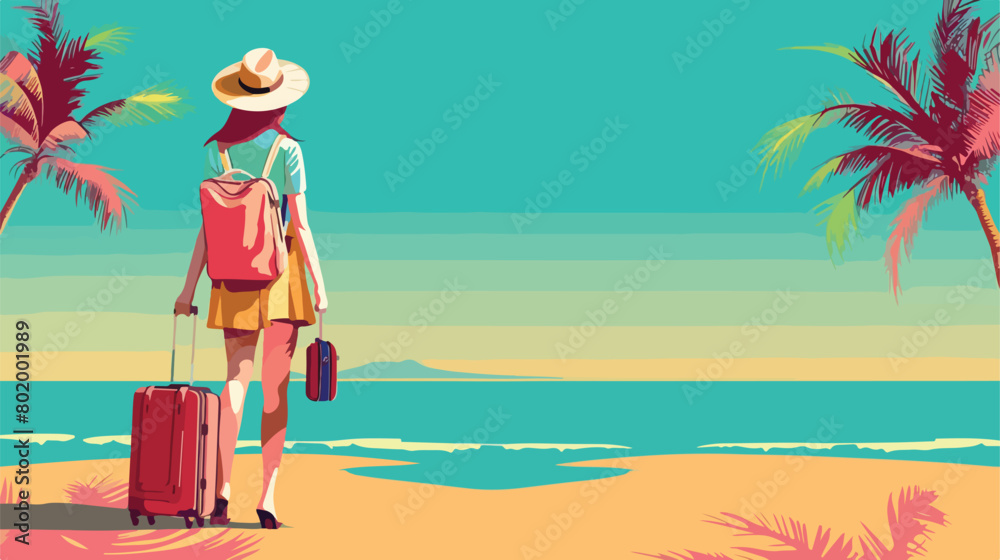 Female tourist with luggage on color background Vector