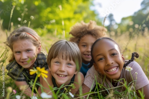 Group of happy children lying on grass and smiling at camera in park