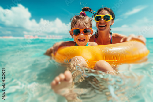 Mother and daughter in sunglasses with inflatable ring at beach, having fun on summer vacation photo