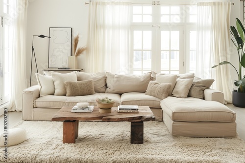 A comfy and stylish sectional sofa in the living room interior background in boho style photo