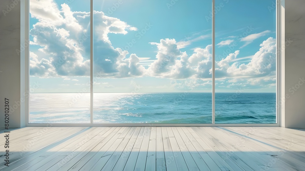 Serene ocean view virtual yoga room backdrop for tranquil meditation. Concept Virtual Yoga, Ocean View, Serene, Tranquil Meditation, Room Backdrop