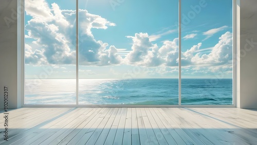 Serene ocean view virtual yoga room backdrop for tranquil meditation. Concept Virtual Yoga  Ocean View  Serene  Tranquil Meditation  Room Backdrop