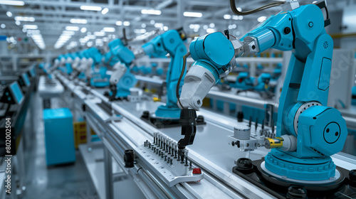 Smart industry robot arms for digital factory production technology showing automation manufacturing process of the Industry 4.0 or 4th industrial revolution and IOT software to control operation 