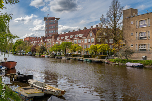 View of the Amstel canal in Rivierenbuurt neighbourhood,  Amsterdam-Zuid, The Netherlands photo