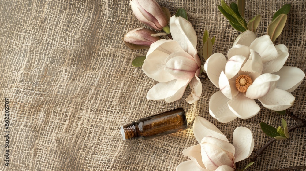 Magnolia essential oil on burlap background Magnolia essential oil on burlap background