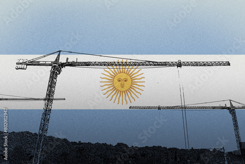 Argentina flag with big cranes, heavy lifting, construction industry concept, building in 