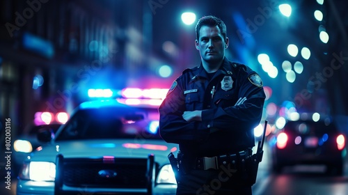 Police officer, patrol standing in front of police car in the street photo