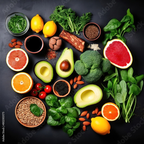 A vibrant spread of fresh  healthy foods with a focus on greens  citrus  and nuts