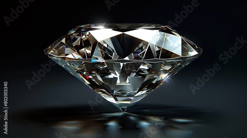 A large diamond is shown on a black background. The diamond is cut in a brilliant style and has many facets. It is reflecting light and is very sparkly.