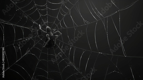 Arachnid trap on dark background with white thin sticky thread line. Modern scary spooky cobweb net on black backdrop. © Mark