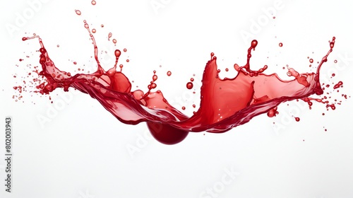 Juice splash in red against a white background. Close-up of abstract brilliant splashes. Droplets of red wine swirl and flow