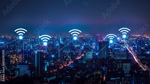 Nighttime Urban Landscape with Wireless Connectivity  Modern Cityscape with Illuminated Skyscrapers and Network Signals