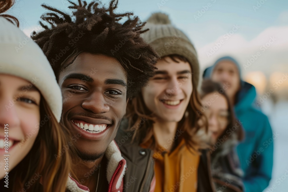 Portrait of multiethnic group of friends smiling and looking at camera Portrait of multiethnic group of friends smiling and looking at camera